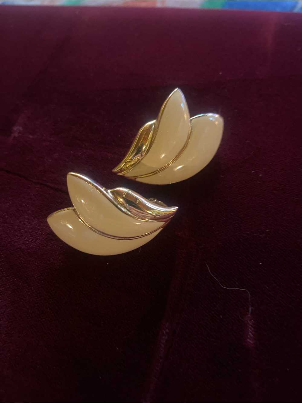Trifari Gold-Tone Earrings with Cream Enamel Leaves